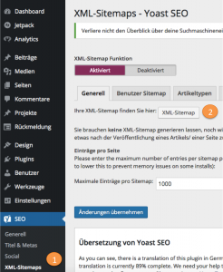 Hier finden Sie die Sitemap aus dem Yoast SEO Plugin (Screenshot WordPress Dashboard / Yoast SEO)