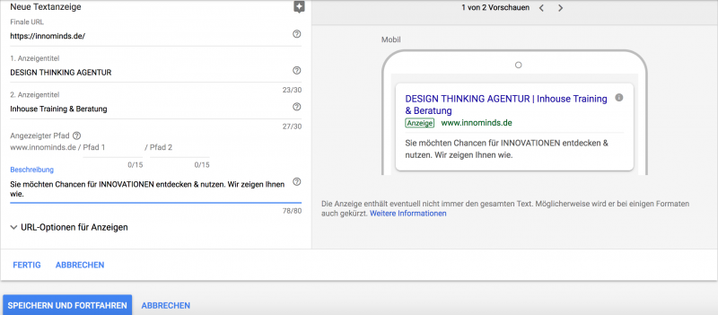 Screenshot Google Adwords - Anzeige erstellen